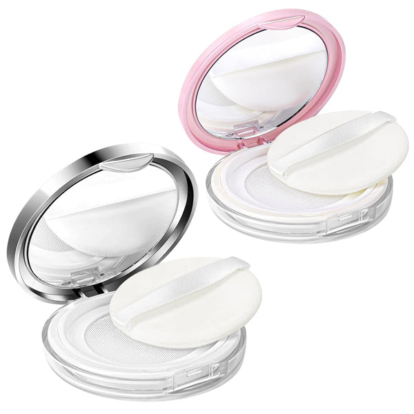 2 Pcs Refillable Loose Powder Container with Puff, 0.17/0.7 oz Portable Makeup Powder Case with Mirror and Sifter