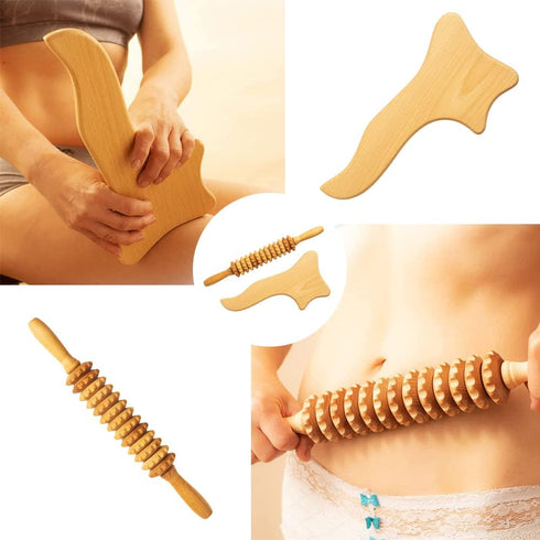 Neck Massager Roller Stick and Gua Sha - Wooden Foam Roller Massage