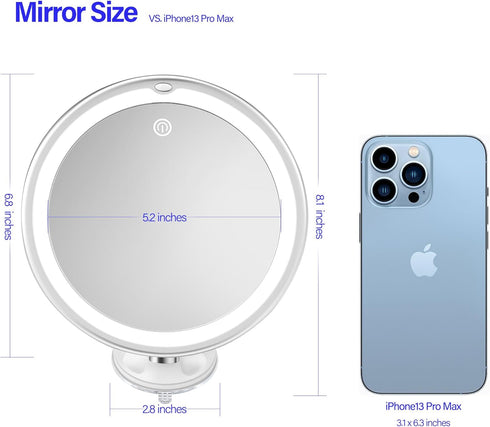 Snowflakes 10x Magnifying Lighted Makeup Mirror with Lights, Suction Cups, 360° Swivel, Touch Control