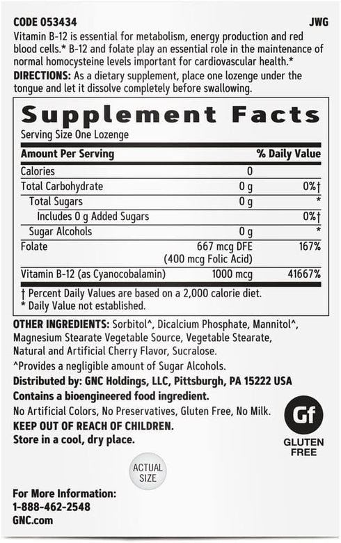 GNC Vitamin B-12 1000mcg - Cherry, 120 Lozenges, Supports Energy Production