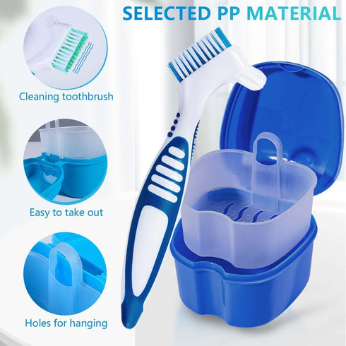 Blue Denture Bath Case Cup Holder, Storage Container with Cleaner Brush and Strainer Basket for Travel Cleaning