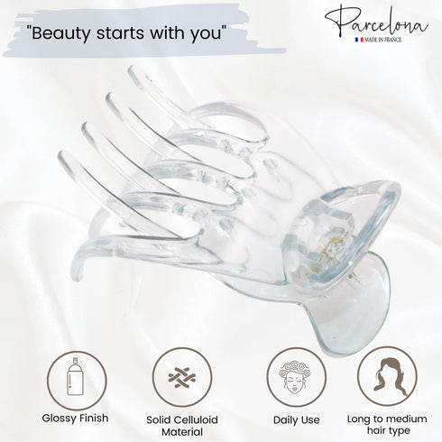 Parcelona French Basic Curved Paw Medium 3 1/4” Celluloid Acetate Side Slide In Jaw Yoga Hair Claw Wide Beak Hair Clip for Women and Girls Durable Stylish Hair Accessories, Made in France (Clear)