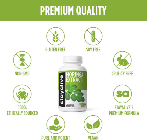 STAY ALIVE Pure Moringa Capsules, 20000mg Equivalent - 120 Vegan Moringa Pills for Immune & Digestive Support