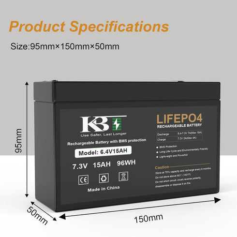 KBT KEEP BETTER TECH 6V 15Ah LiFePO4 KBT Rechargeable Lithium Battery Replacement, Long Lasting Life, with Charger