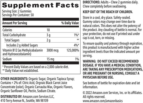 Amazon Basics Vitamin B12 3000 mcg Gummies, 200 Count (2 Packs of 100), Raspberry, Normal Energy Production and