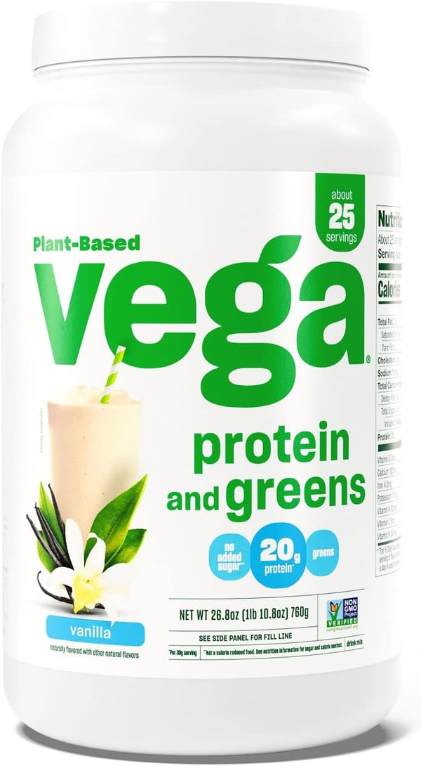 Vega Protein and Greens Protein Powder, Vanilla - 20g Plant-Based Protein Plus Veggies, Vegan, Non-GMO, 1.7 lbs