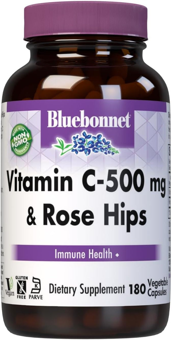 BlueBonnet Vitamin C 500 mg with Rosehips - Vegetable Capsules, 180 Count for Immune Support
