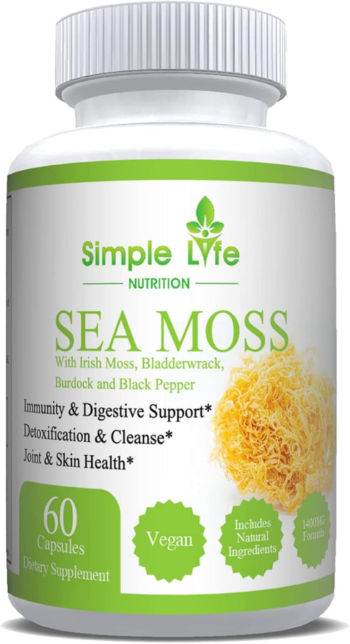 Organic Irish Sea Moss Capsules 1400MG with Burdock Root, Bladderwrack & Black Pepper, 60CT Supplement