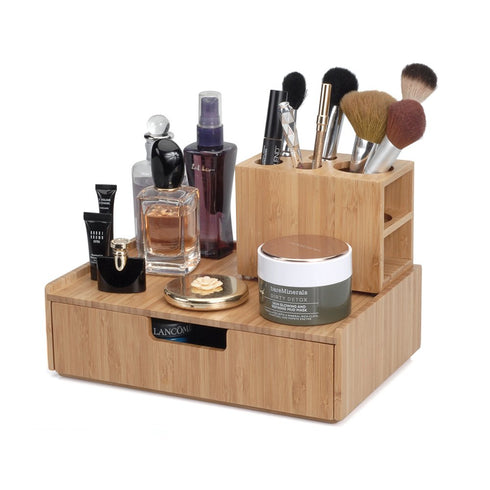 MobileVision Bamboo Makeup Drawer Organizer with 5-Compartment Brush Holder Stand