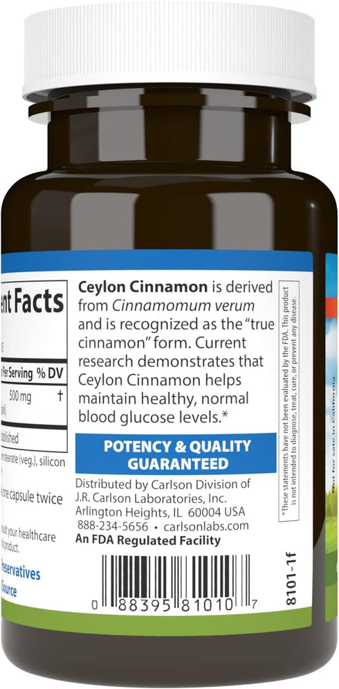 Carlson Ceylon Cinnamon 500 mg | 45 Capsules | Cinnamon Extract Pills, Cinnamon Supplements