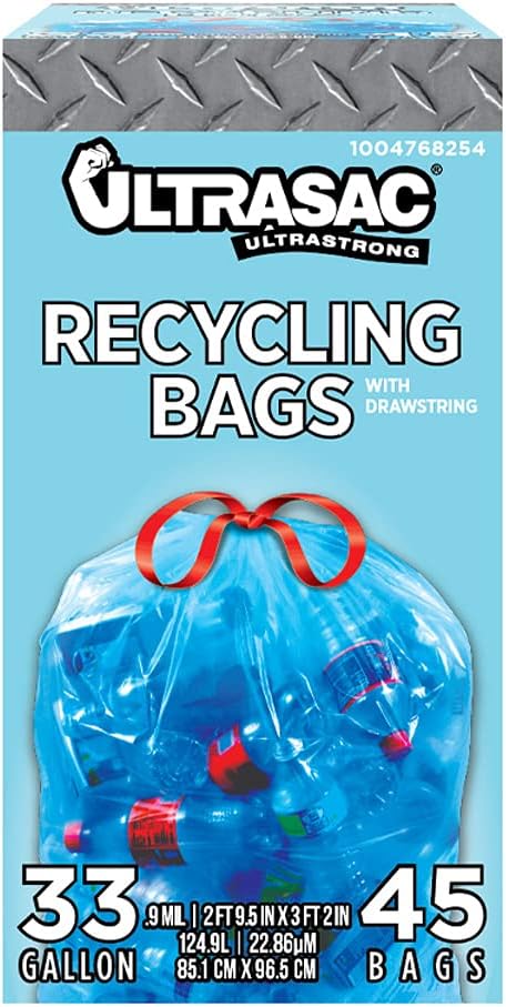 Ultrasac Blue Recycling Bags, 33 Gallon, 0.9 MIL, Pack of 45 for Recycling, Kitchen, Commercial