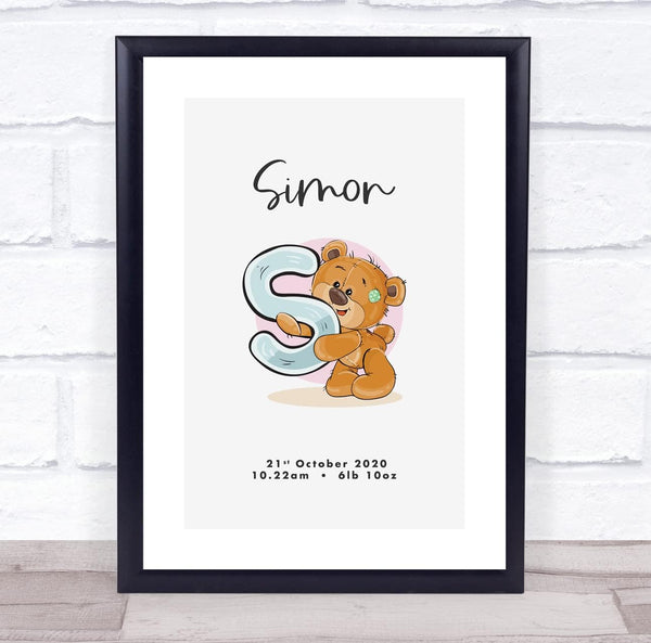 The Card Zoo New Baby Birth Details Christening Nursery Bear Initial S Keepsake Gift Print