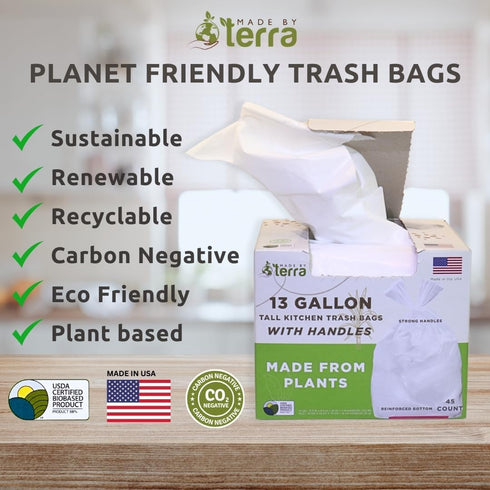 Made By Terra 13 45 USDA Certified - Plant Based Kitchen Trash Bags with HANDLES, Gallon Standard Size - Bags
