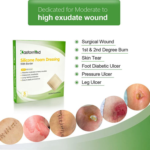 Silicone Foam Dressing, Waterproof Wound Dressing with Gentle Adhesive, 5 Layer High Absorbency, 6'' x 6'', 5 Pack