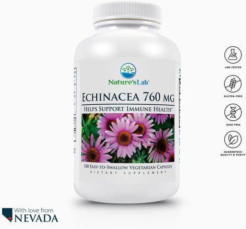 Nature's Lab Echinacea 760mg Dietary Supplement, All Natural Immune System Support, 100 Capsules