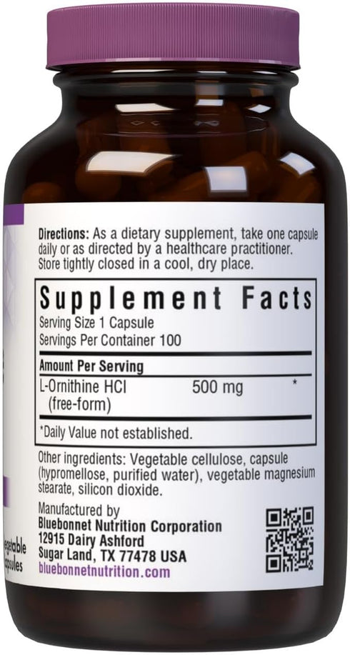 Bluebonnet Nutrition L-Ornithine 500mg, Vegan, 100 Vegetable Capsules for Healthy Protein Metabolism