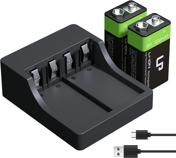 LP 9V Rechargeable Batteries with Charging Station - 2 Pack 600mah Long Lasting