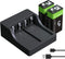 LP 9V Rechargeable Batteries with Charging Station - 2 Pack 600mah Long Lasting