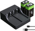 LP 9V Rechargeable Batteries with Charging Station - 2 Pack 600mah Long Lasting