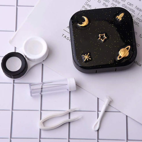 Contact Lens Case, Cute Stars Moon Holder Kit with Remover Tool, Tweezers, Mirror & Solution Bottle (Black)