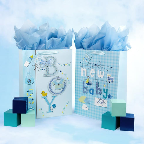 Golden J Store 16.5" Extra Large Baby Gift Bags with Tissue Papers for Baby Showers 2-Pack (Blue)