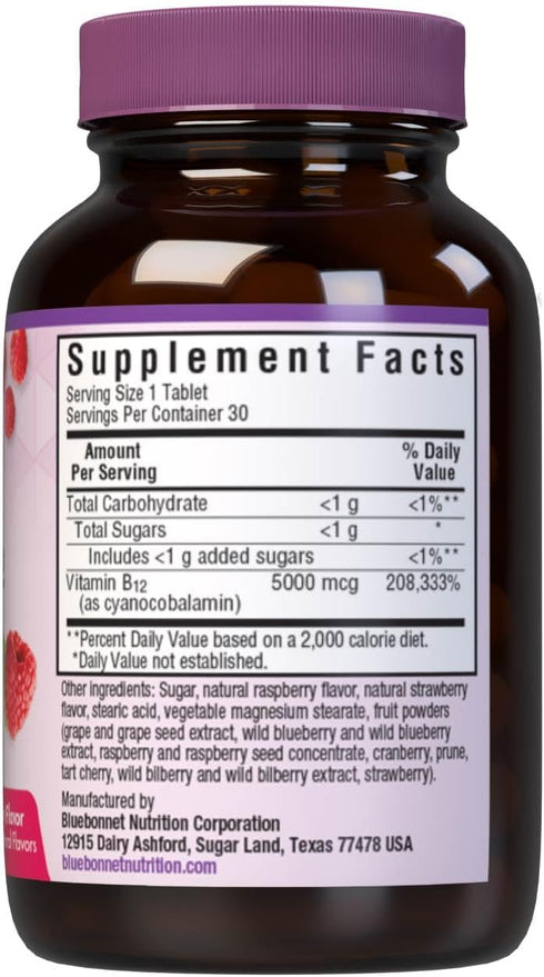 Bluebonnet Nutrition Earth Sweet Vitamin B12 5000 mcg Chewable Tablets, Soy-Free, Gluten-Free, Kosher Certified, Dairy-Free, Vegan, Raspberry Flavored, 30 Chewable Tablets, 30 Servings