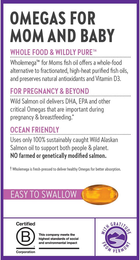 New Chapter Wholemega for Moms Fish Oil Supplement - Prenatal DHA with Omega-3 + Vitamin D3, 180 ct, 500mg Softgels