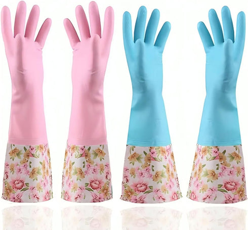 KINGFINGER Rubber Latex Waterproof Dishwashing Gloves, 2 Pair Medium Long Cuff Household Cleaning Gloves