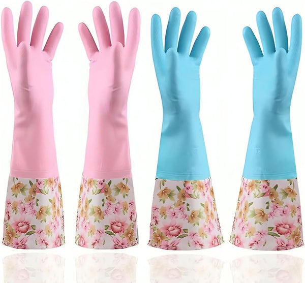 KINGFINGER Rubber Latex Waterproof Dishwashing Gloves, 2 Pair Medium Long Cuff Household Cleaning Gloves