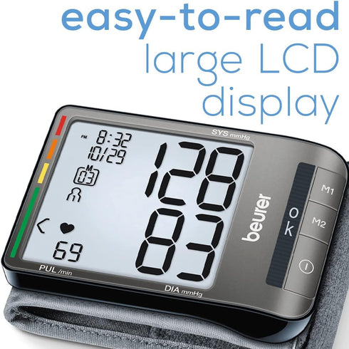 Beurer BC81 Wrist Blood Pressure Monitor – XL Display, Arrhythmia Detection, 120 Memory Sets, Automatic Machine with