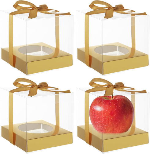 LANIAKEA 75PCS 4x4x4 Inches Candy Apple Boxes with Hole Clear Caramel Apples Boxes Clear PET Gift Boxes for Wedding