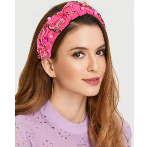 Hot Pink Knotted Headband, Western Cowgirl Accessories for Women, Beaded Cowboy Boot Embellished Headband
