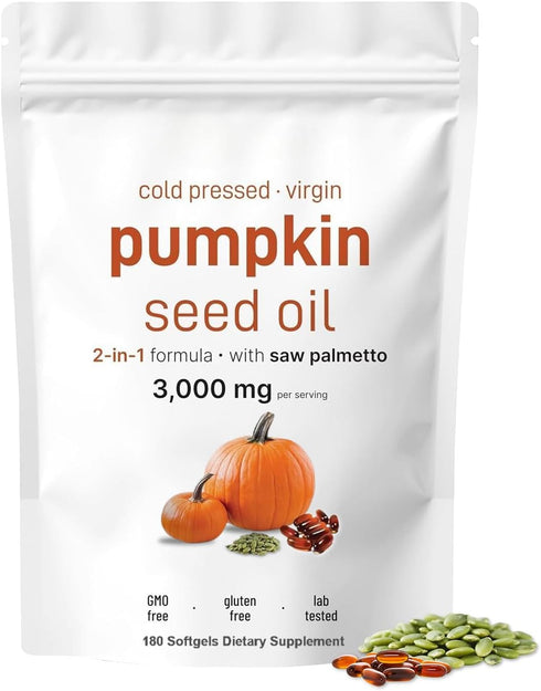 J-PRQ Pumpkin Seed Oil with Saw Palmetto- 3000mg - 180 Softgels -Cold Pressed