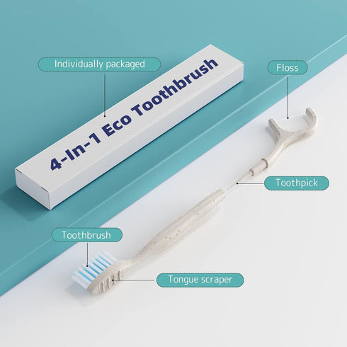 Travel Toothbrush Dental Floss Picks - 4 in 1 Biodegradable Disposable Toothbrushes with Tongue Scraper, 40 Pack