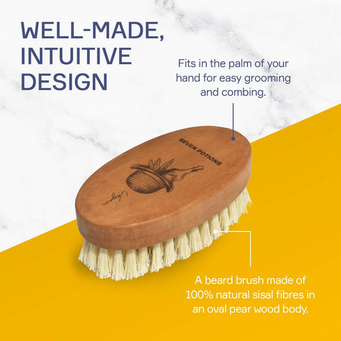 Seven Potions Vegan Beard Brush for Men — 100% Sisal Plant Fibre & Pear Wood with Firm Bristles to Tame/Soften