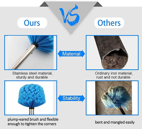 Cobweb Duster with Extension Pole, Medium Stiff Bristles Head & 6-Feet Stainless Steel Pole for Indoor Outdoor Cleaning