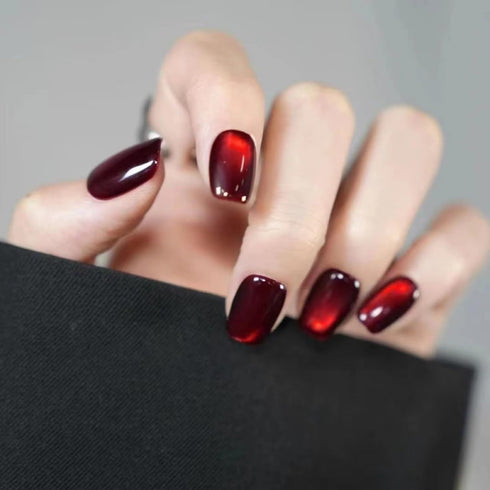 Wine Red Press on Nails, Short Square Cat Eye Nails, Glossy Glue on Nails, 24Pcs Reusable for Women