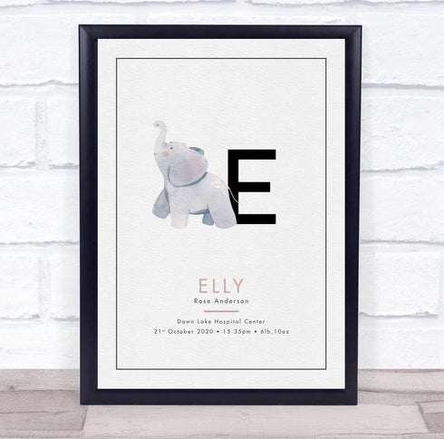 The Card Zoo New Baby Birth Details Christening Nursery Initial E Elephant Gift Print