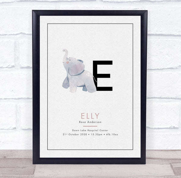 The Card Zoo New Baby Birth Details Christening Nursery Initial E Elephant Gift Print