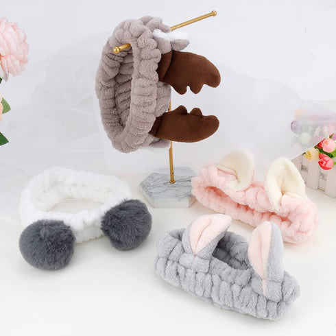 AHONEY Animals Ears Headbands - Cute Fuzzy Skincare Headband for Washing Face, Coral Fleece Hair Band (4Pcs)