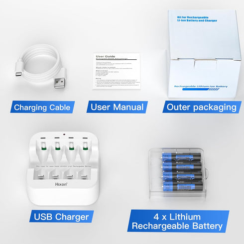 Hixon 1.5V AAA Rechargeable Lithium Batteries, 4-Pack 1100mWh Pre-Charged Li-ion Battery & 1H Ultra Fast Charger