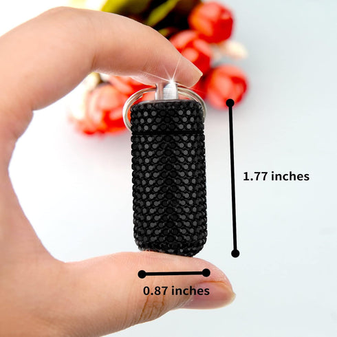 Bling Pill Case Pill Container Rhinestone Pill Box Portable Waterproof Pocket Pill Holder Storage Bottle with Keychain for Travel, Outdoor, Camping (Black)