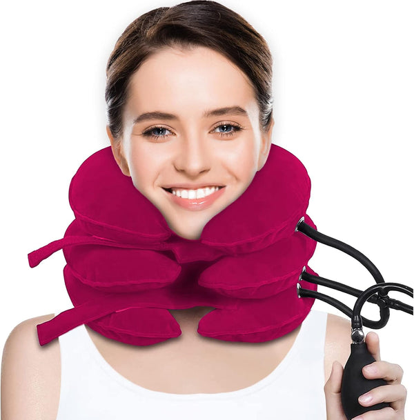 Cervical Neck Traction Device for Pain Relief, Adjustable Inflatable Neck Stretcher for Neck Decompression (Red)