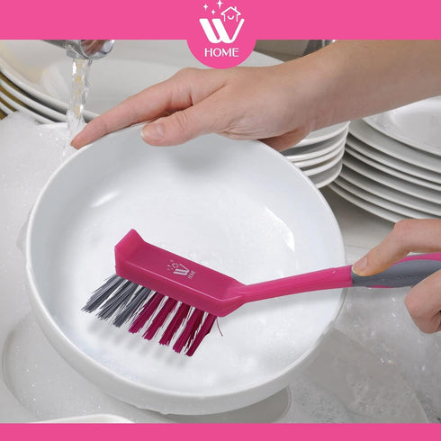 WBM Home Dish Brush, 3 Pack, Soft Long Handle, Durable Nylon Bristles, Pink