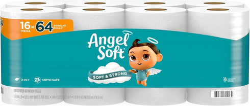 Angel Soft Toilet Paper - 16 Mega Rolls = 64 Regular Rolls, Soft and Strong Toilet Tissue