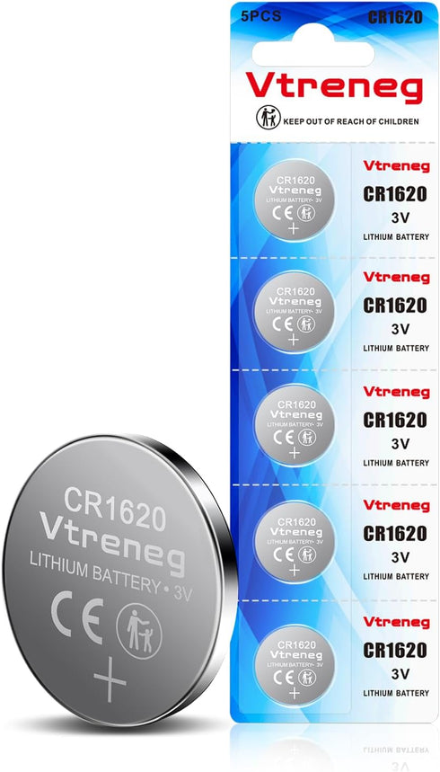 Vtreneg 5 Pack CR1620 Battery, 1620 3V Lithium Battery for Key Fob Watch