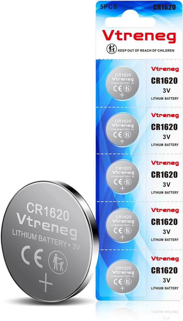 Vtreneg 5 Pack CR1620 Battery, 1620 3V Lithium Battery for Key Fob Watch