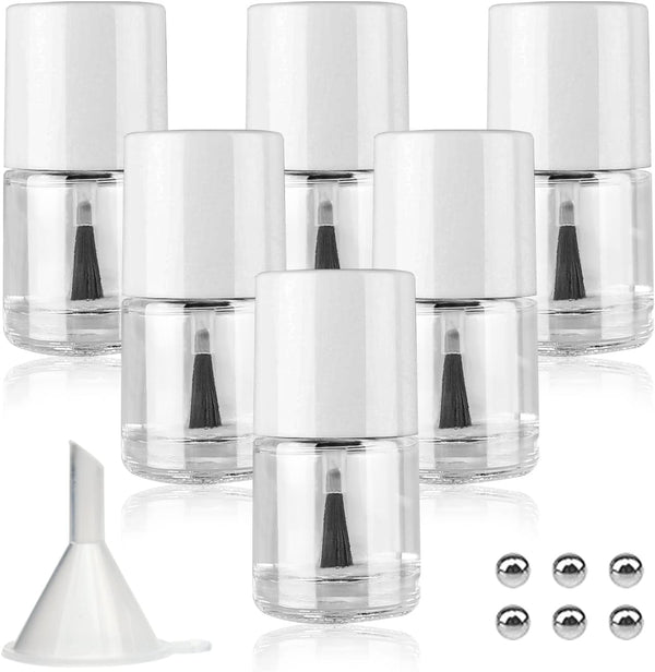 6PCS Empty Nail Polish Bottles with Brush, Refillable DIY Glass Nail Polish Bottles with Funnel & Mixing Balls (10ML,