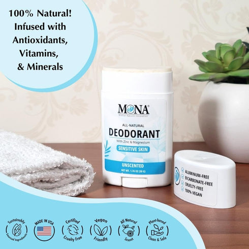 MONA BRANDS All Natural Deodorant For Women & Men | For Sensitive Skin | No Aluminum or Baking Soda | (2-Pack UNSCENTED