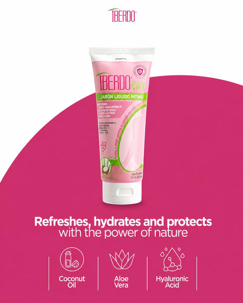 IBERDO PLUS 250 ml Feminine Wash pH Balanced, Antifungal Intimate Soap Cleanser for Women with Hyaluronic Acid, Aloe